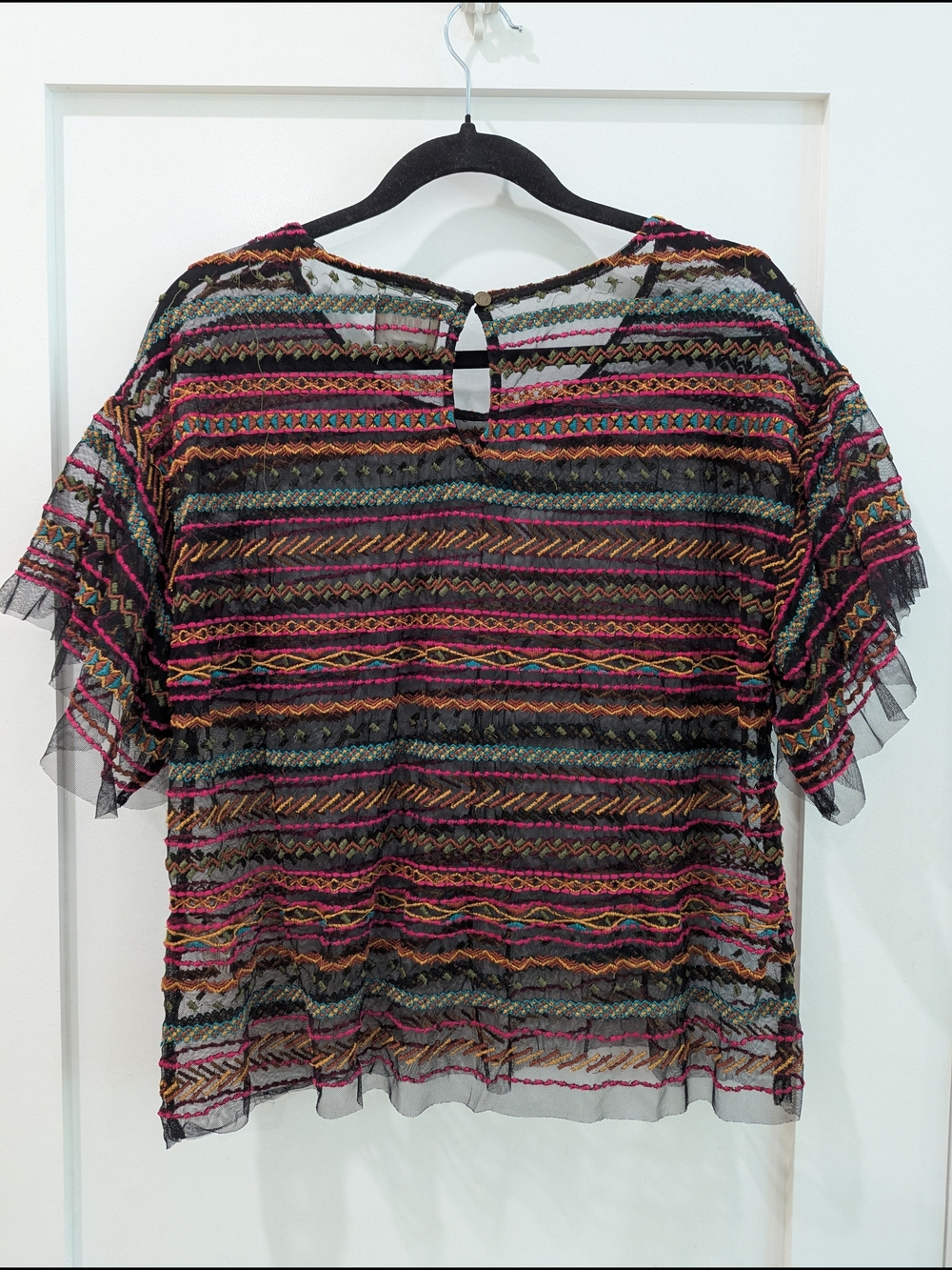 Maeve For Anthropologie Black Mesh Top with Multicolor Embroidery - Picture 6 of 7